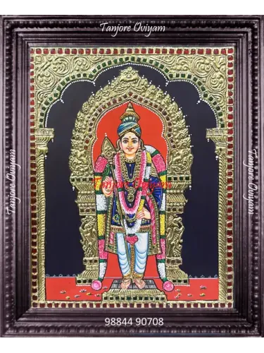 Tanjore painting of Raja Alangara Murugar standing gold foil traditional Murugan artwork